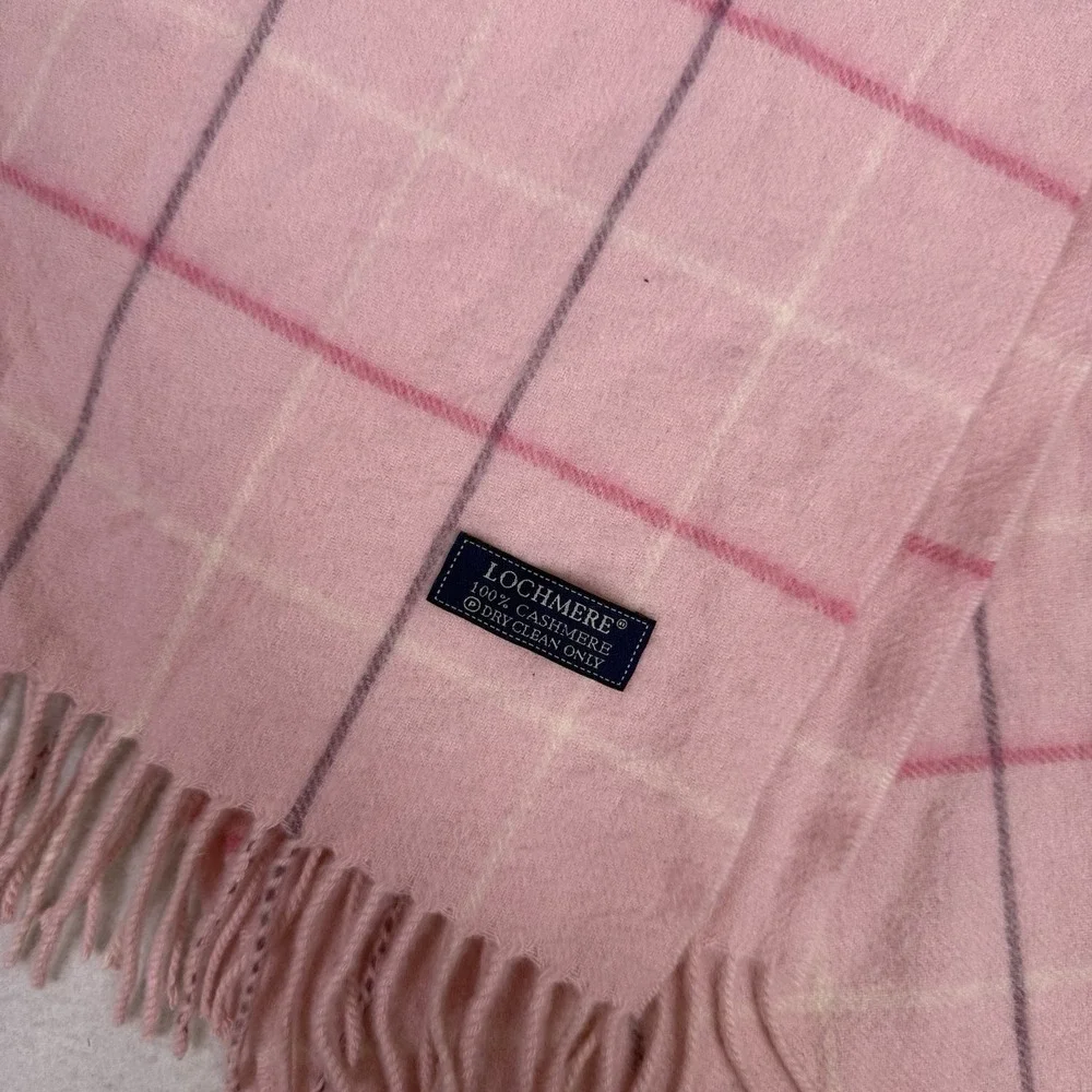 Lochmere 100% Cashmere Scarf Pink Plaid Check Soft Winter Wrap Tassel‎ Fringe
